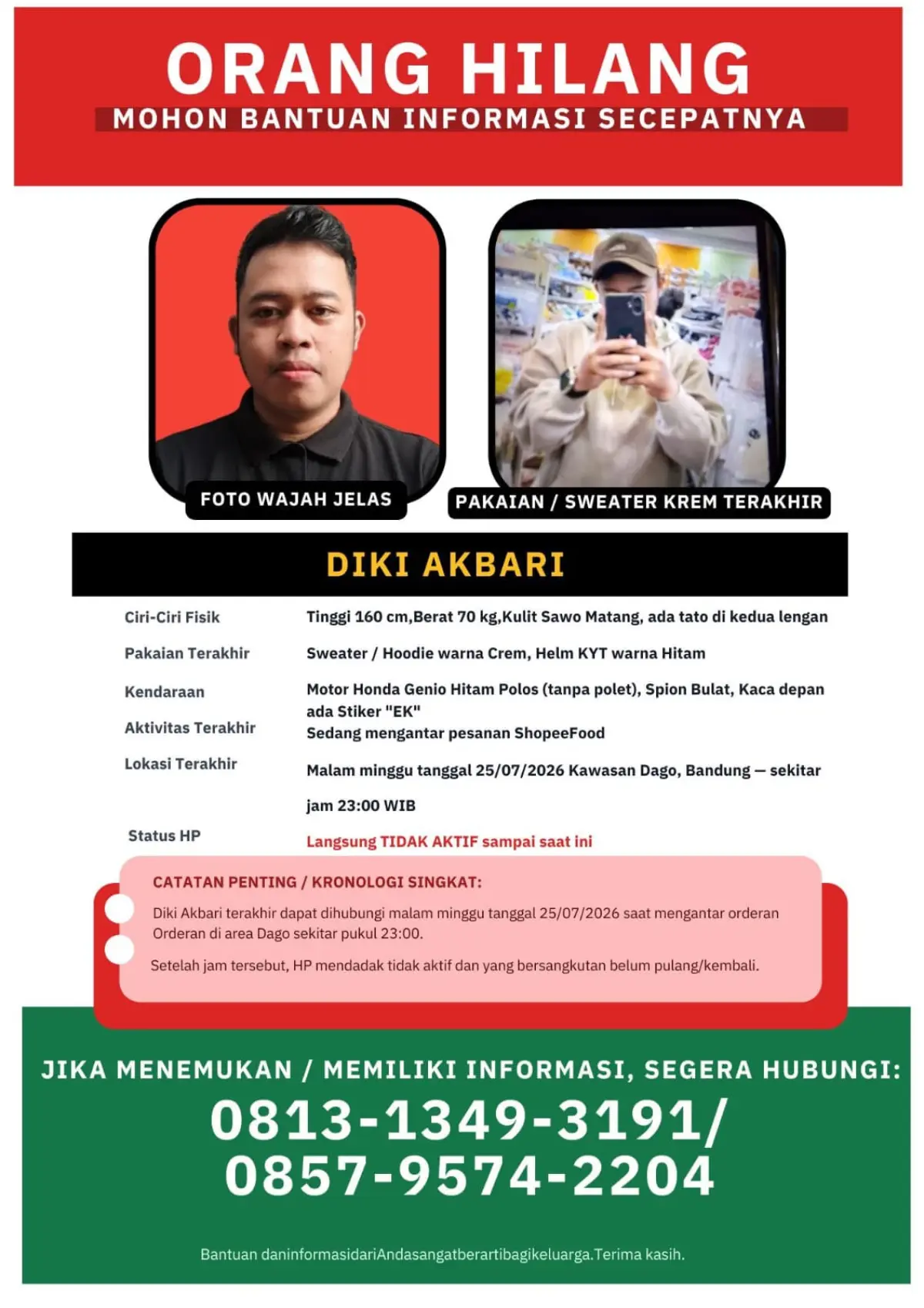 Driver Ojol di Bandung Dilaporkan Hilang Usai Antar Orderan Makanan ke Dago, Istri Sudah Lapor Polisi