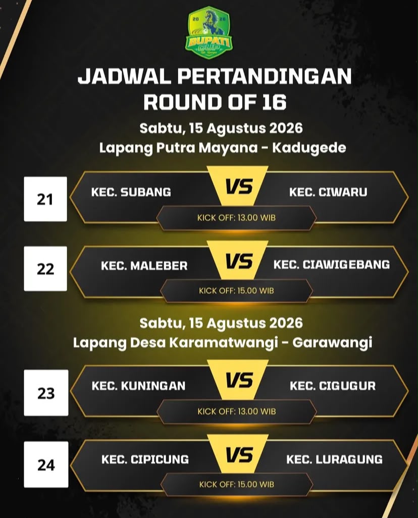 Jadwal Lengkap 16 Besar Bupati Cup Kuningan 2026 Sabtu Ini: 4 Laga di 2 Lapangan, Siapa Melaju?