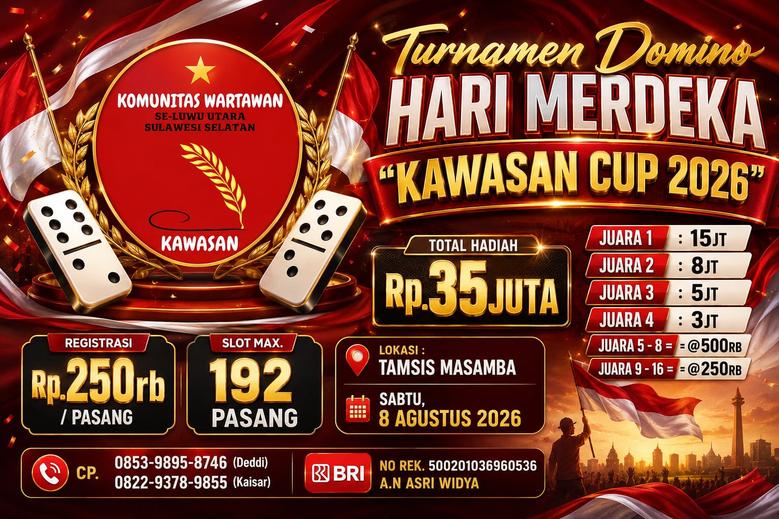 Komunitas Wartawan Luwu Utara Gelar Turnamen Domino Rp35 Juta Sambut HUT ke-81 RI, 192 Slot Pasangan Dibuka