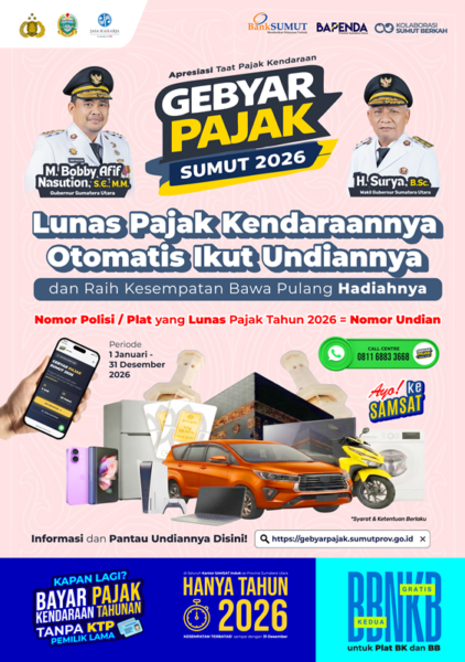 Pemprov Sumut Gelar Gebyar Pajak 2026, Wajib Pajak Kendaraan Berpeluang Undian Mobil hingga Logam Mulia
