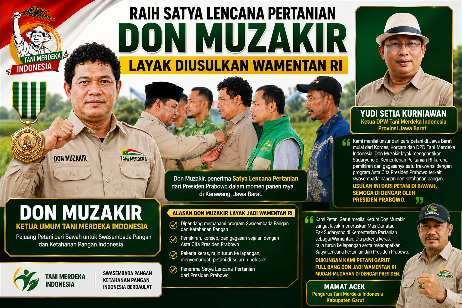 Ketum Tani Merdeka Don Muzakir Resmi Terima Satya Lencana Pertanian, Petani Jabar Usulkan Jadi Wamentan RI