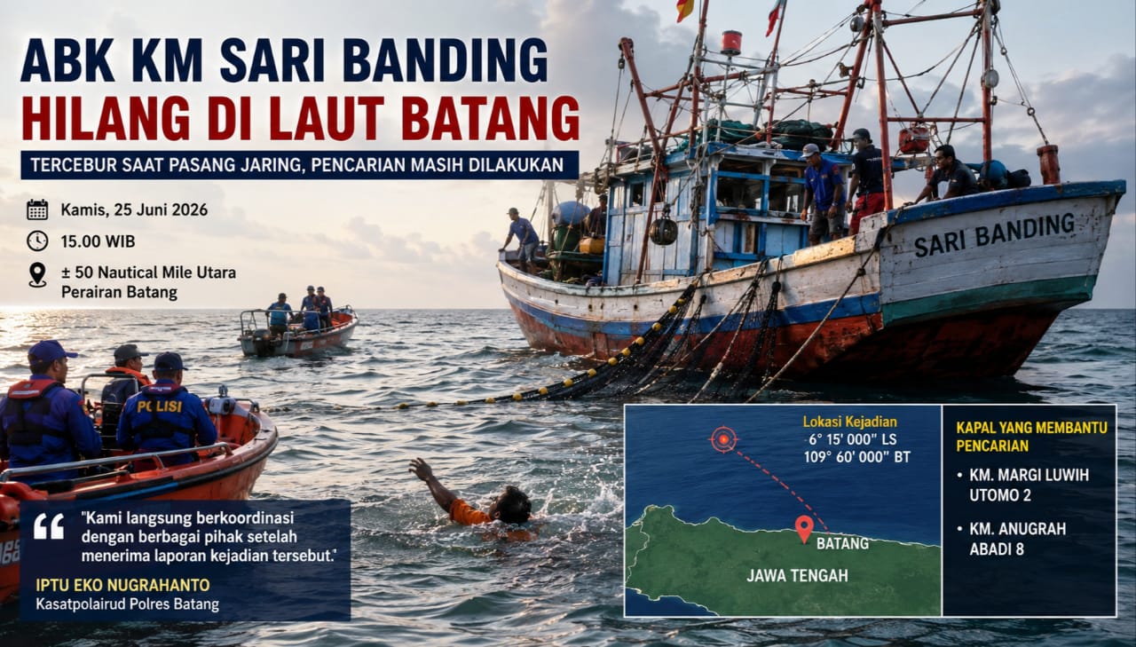 Nelayan Batang Hilang Tercebur ke Laut saat Jaga Tali Jaring, Tim Gabungan Masih Lakukan Pencarian