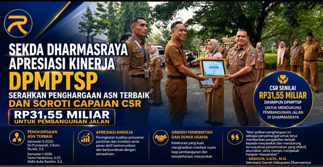 Sekda Dharmasraya Medison Serahkan Penghargaan ASN Terbaik, Soroti Capaian CSR Rp31,55 Miliar untuk Pembangunan Jalan
