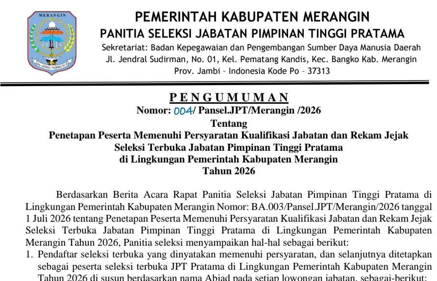 13 Pejabat Lolos Seleksi Administrasi Lelang Jabatan Eselon II Merangin, Bersaing Rebut 3 Kursi Kepala OPD