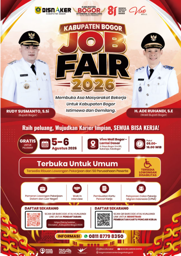 Job Fair Kabupaten Bogor 2026 Digelar 5-6 Agustus di Vivo Mall, 50 Perusahaan Buka Lowongan hingga untuk Disabilitas