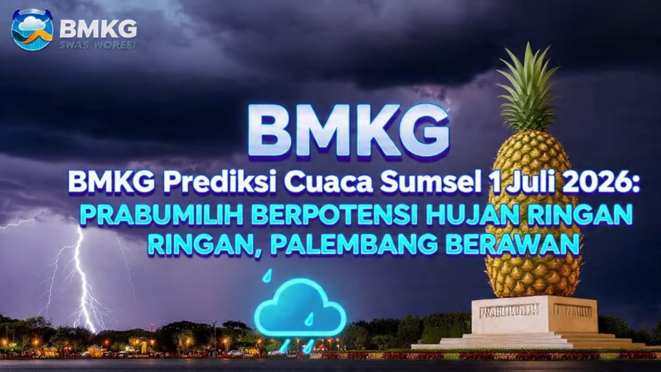 BMKG Prediksi Cuaca Sumsel 1 Juli 2026: Hujan Ringan Landa Prabumulih hingga Lubuklinggau, Palembang Berawan