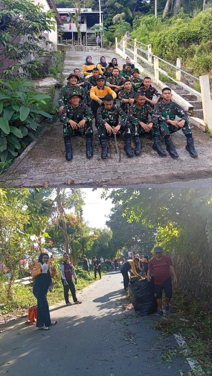 Jumat Bersih di Hilir Muara, Pemdes dan Yonif TP 884/Sa’ijaan Bersihkan Jalan Nelayan hingga Drainase