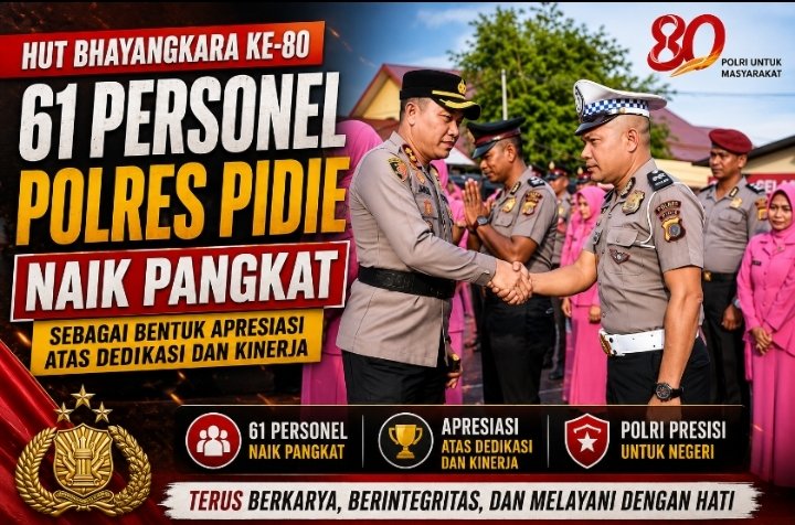 Hari Bhayangkara ke-80, 61 Personel Polres Pidie Naik Pangkat, Satu dari Ipda ke AKP