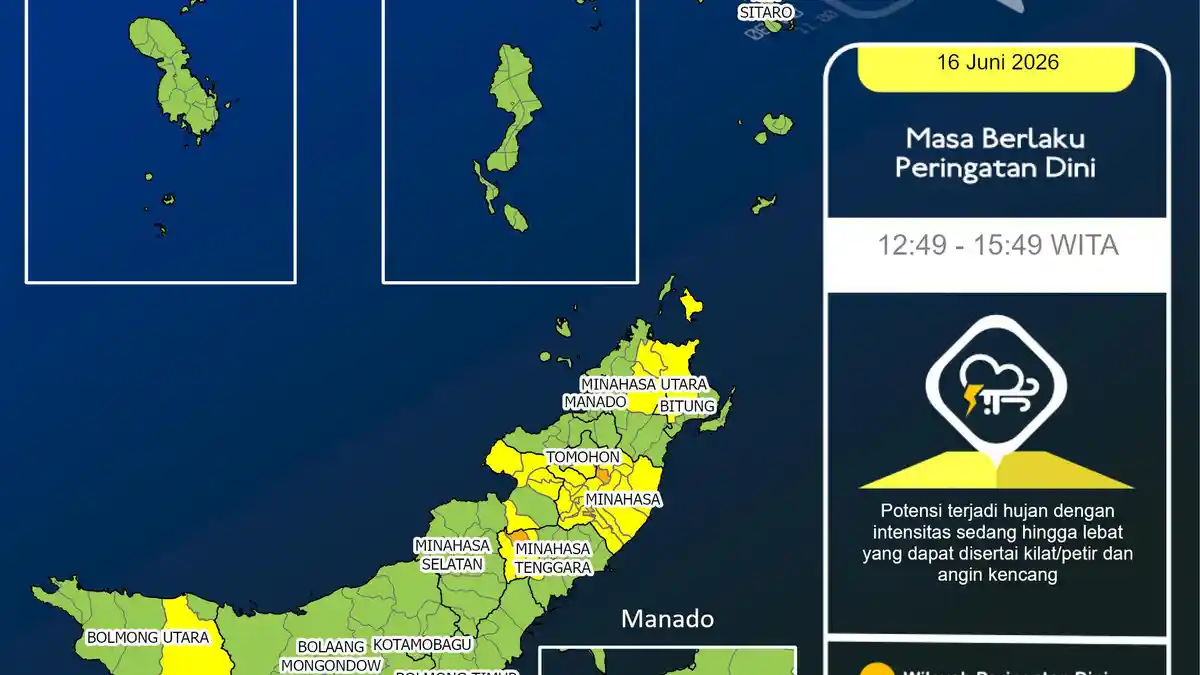 BMKG Peringatkan Hujan Lebat dan Angin Kencang di Sulawesi Utara, 12 Wilayah Terdampak Mulai Sore Ini