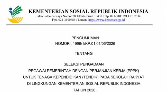 Kemensos Buka Rekrutmen PPPK Tenaga Kependidikan Sekolah Rakyat 2026, Tersedia 5.127 Formasi
