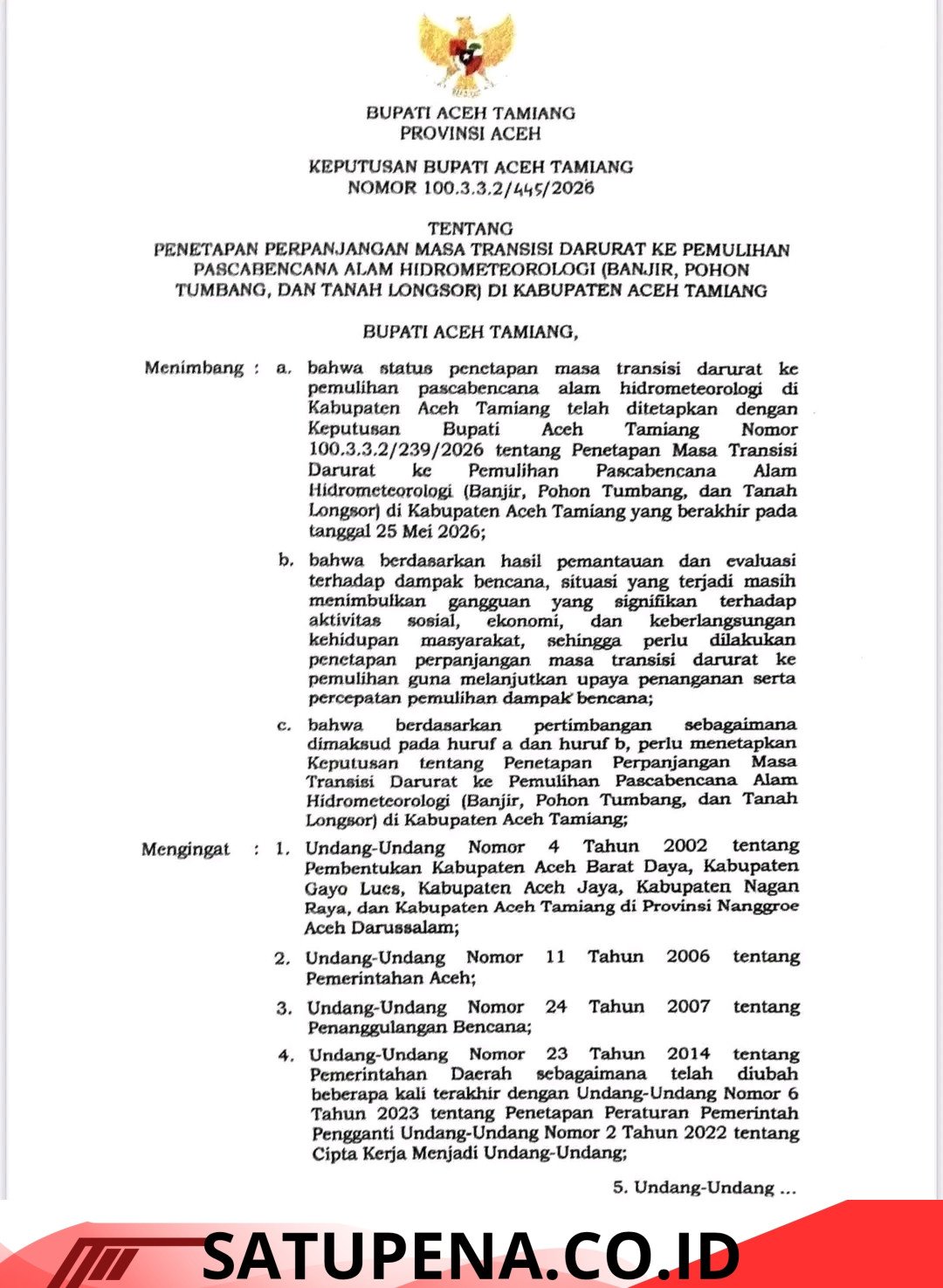Pemkab Aceh Tamiang Perpanjang Masa Transisi Pascabencana 90 Hari, Fokus pada Pemulihan Ekonomi dan Infrastruktur Warga