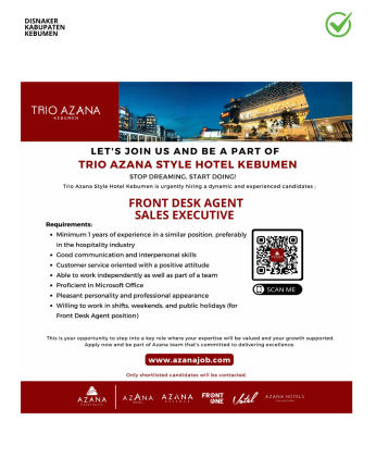 Trio Azana Style Hotel Kebumen Buka Lowongan Kerja untuk Front Desk Agent dan Sales Executive, Ini Syaratnya