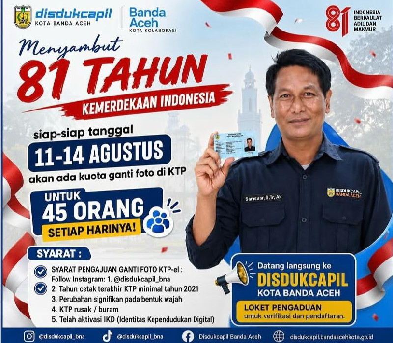 Disdukcapil Banda Aceh Buka Layanan Ganti Foto KTP Selama 4 Hari, 45 Kuota Tersedia per Hari