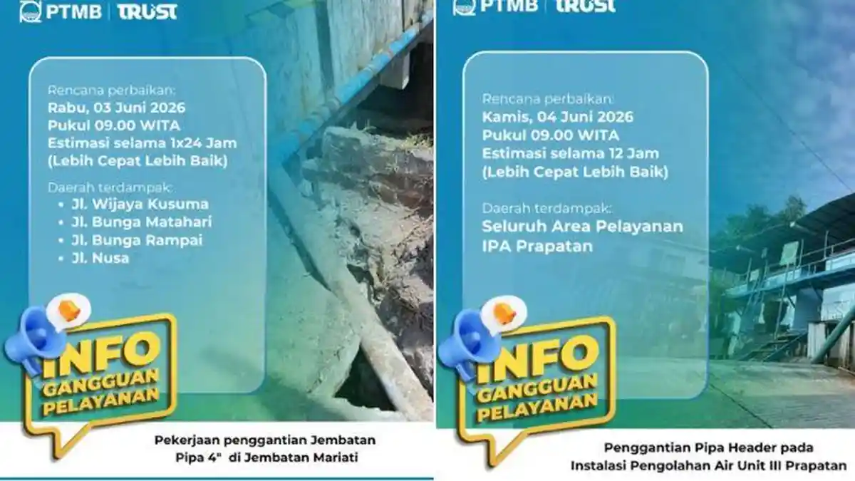 PDAM Balikpapan Mati Total 3-4 Juni 2026, 12 Kelurahan di 4 Kecamatan Terdampak Gangguan Distribusi
