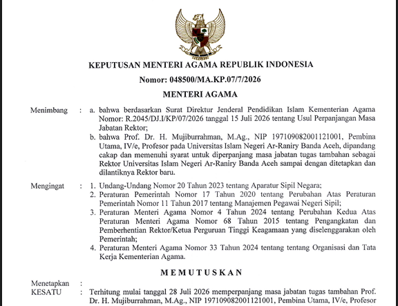 Menteri Agama Perpanjang Masa Tugas Prof Mujiburrahman sebagai Rektor UIN Ar-Raniry Banda Aceh hingga Rektor Baru Dilantik
