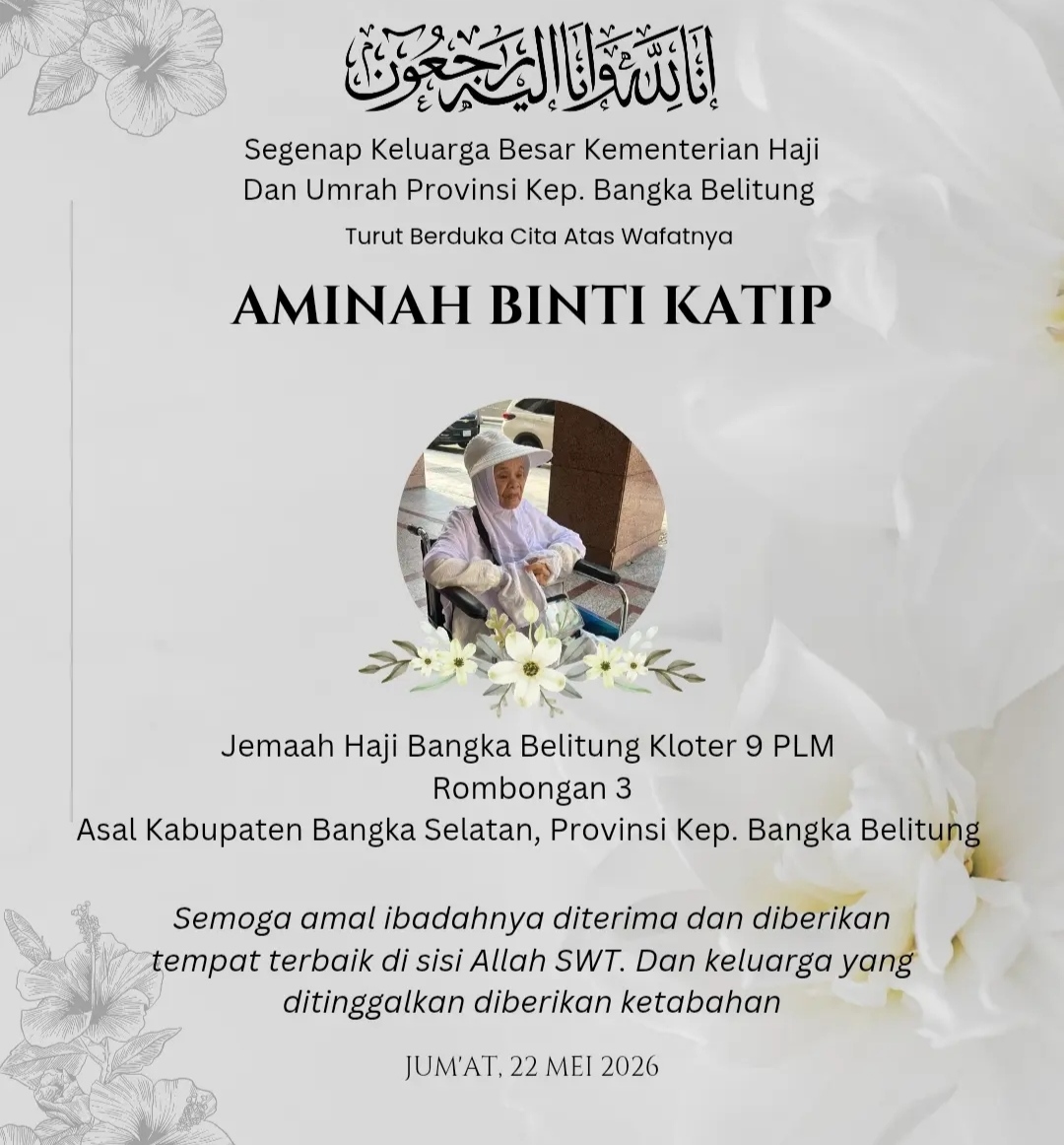 Jemaah Haji Asal Bangka Selatan Meninggal di Mekkah, Kemenag Babel Sampaikan Belasungkawa