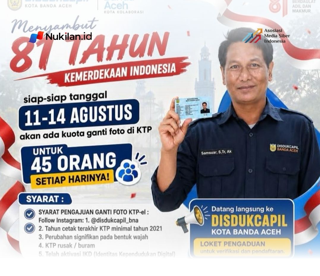 Disdukcapil Banda Aceh Buka Layanan Ganti Foto KTP untuk HUT Ke-81 RI, Cukup Datang Langsung ke Kantor