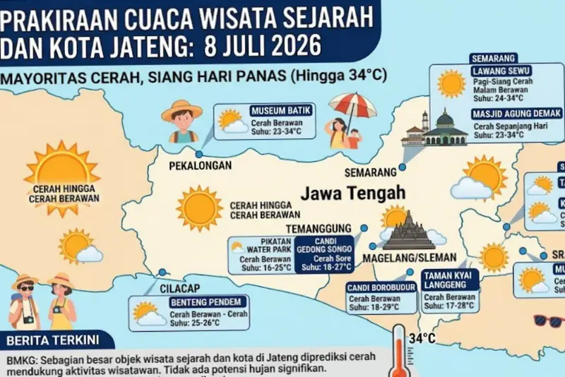 Prakiraan Cuaca Objek Wisata Sejarah dan Kota di Jateng 8 Juli 2026: Mayoritas Cerah, Suhu Capai 34 Derajat di Semarang dan Demak