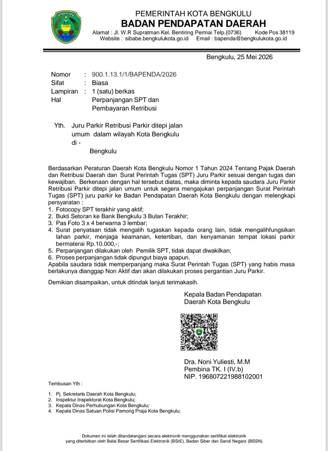 Bapenda Kota Bengkulu Ingatkan Juru Parkir Tepi Jalan Umum Segera Perpanjang Surat Pernyataan Tanda Pajak, Masa Berlaku Hingga Akhir Tahun