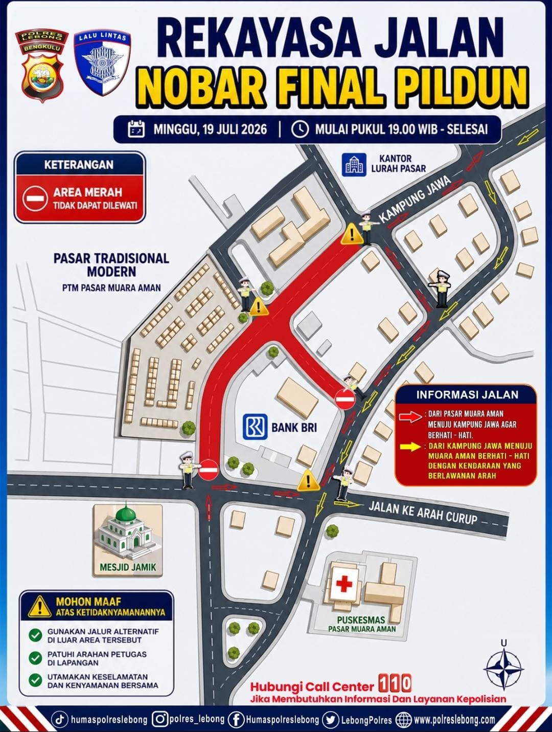 Satlantas Polres Lebong Berlakukan Rekayasa Lalu Lintas di Pasar Muara Aman Saat Nobar Final Piala Dunia 2026, Simak Titik Sterilnya