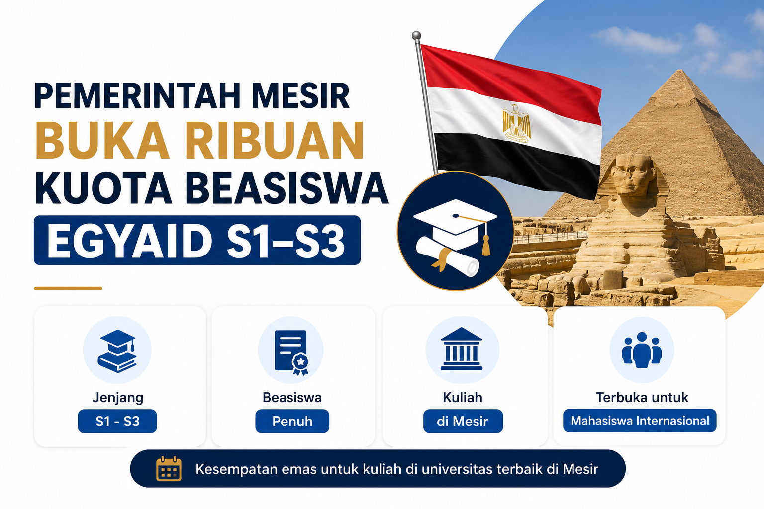 Beasiswa EGYAID Buka Peluang Kuliah Gratis di Mesir, Berikut Detail Programnya