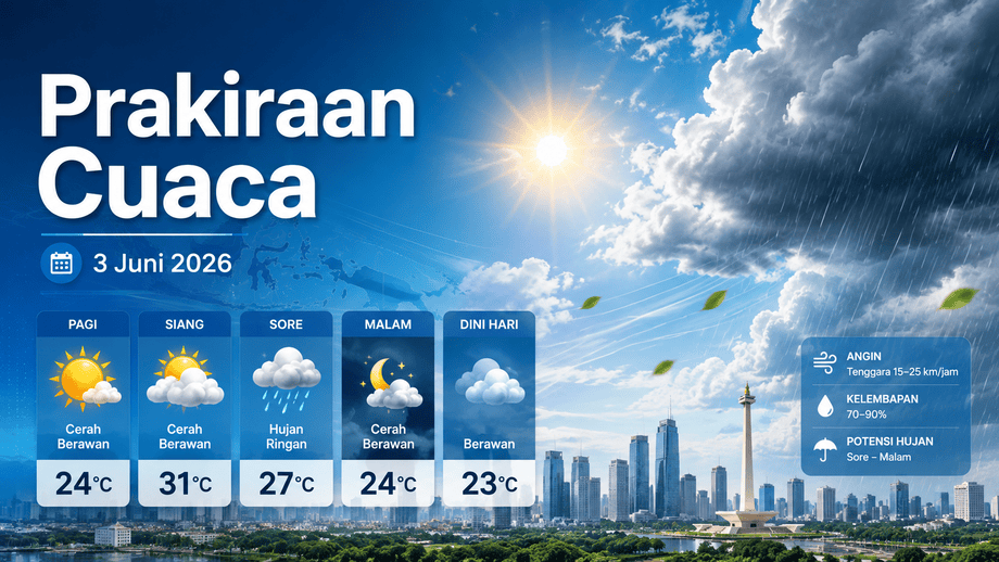 Prakiraan Cuaca Banten Hari Ini, 3 Juni 2026: Kota Tangerang Selatan Berpotensi Hujan, Suhu Capai 33°C di Wilayah Barat