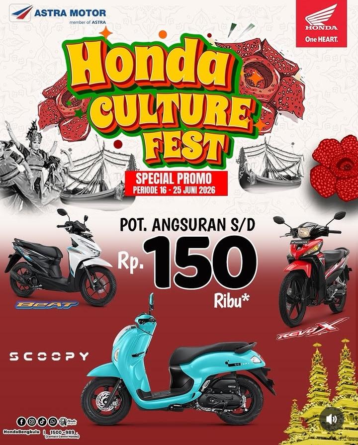 Honda Culture Fest 2026 di Bengkulu Tawarkan Potongan Angsuran Rp150 Ribu untuk Motor BeAT, Scoopy, dan Revo X
