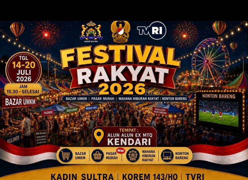 Festival Rakyat 2026 di Markas Korem 143/HO Kendari: Nobar Piala Dunia Berpadu Pasar UMKM Selama 12 Hari