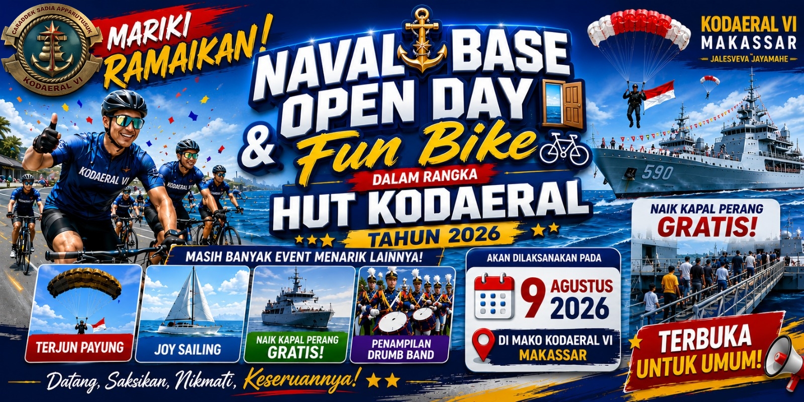 HUT Kodaeral 2026 di Makassar: Masyarakat Bebas Naik Kapal Perang dan Nonton Terjun Payung di Naval Base Open Day