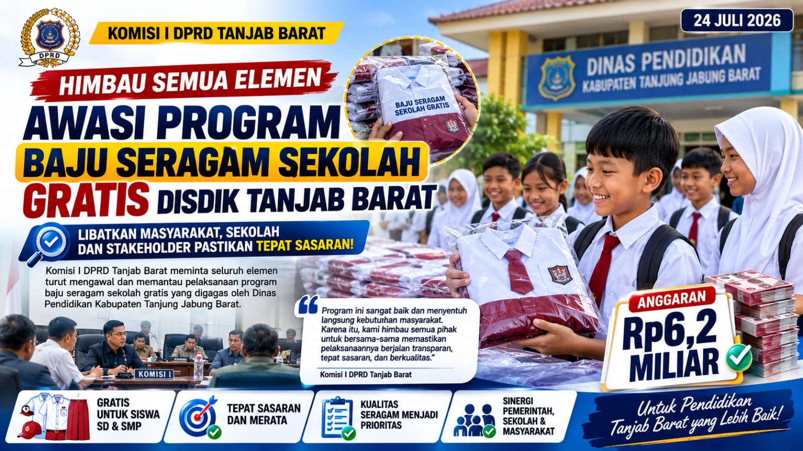 Pemkab Tanjab Barat Siapkan Rp6,2 Miliar untuk Seragam Gratis Siswa Baru SD dan SMP, DPRD Minta Kualitas Dijaga