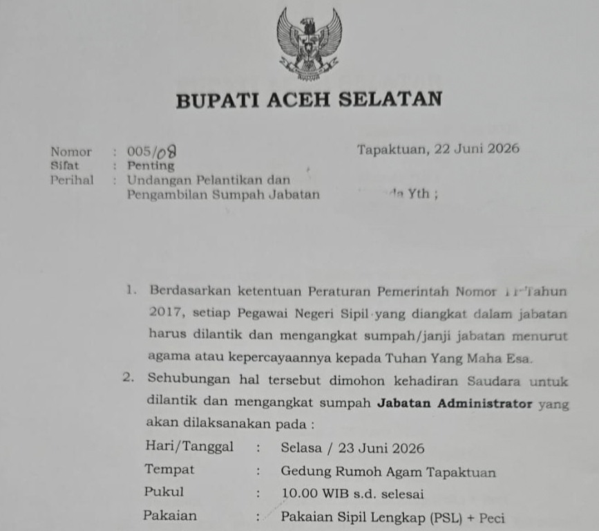 Bupati Aceh Selatan Lantik 17 Pejabat Eselon II Hasil Uji Kompetensi dan Evaluasi Jabatan Lima Tahun