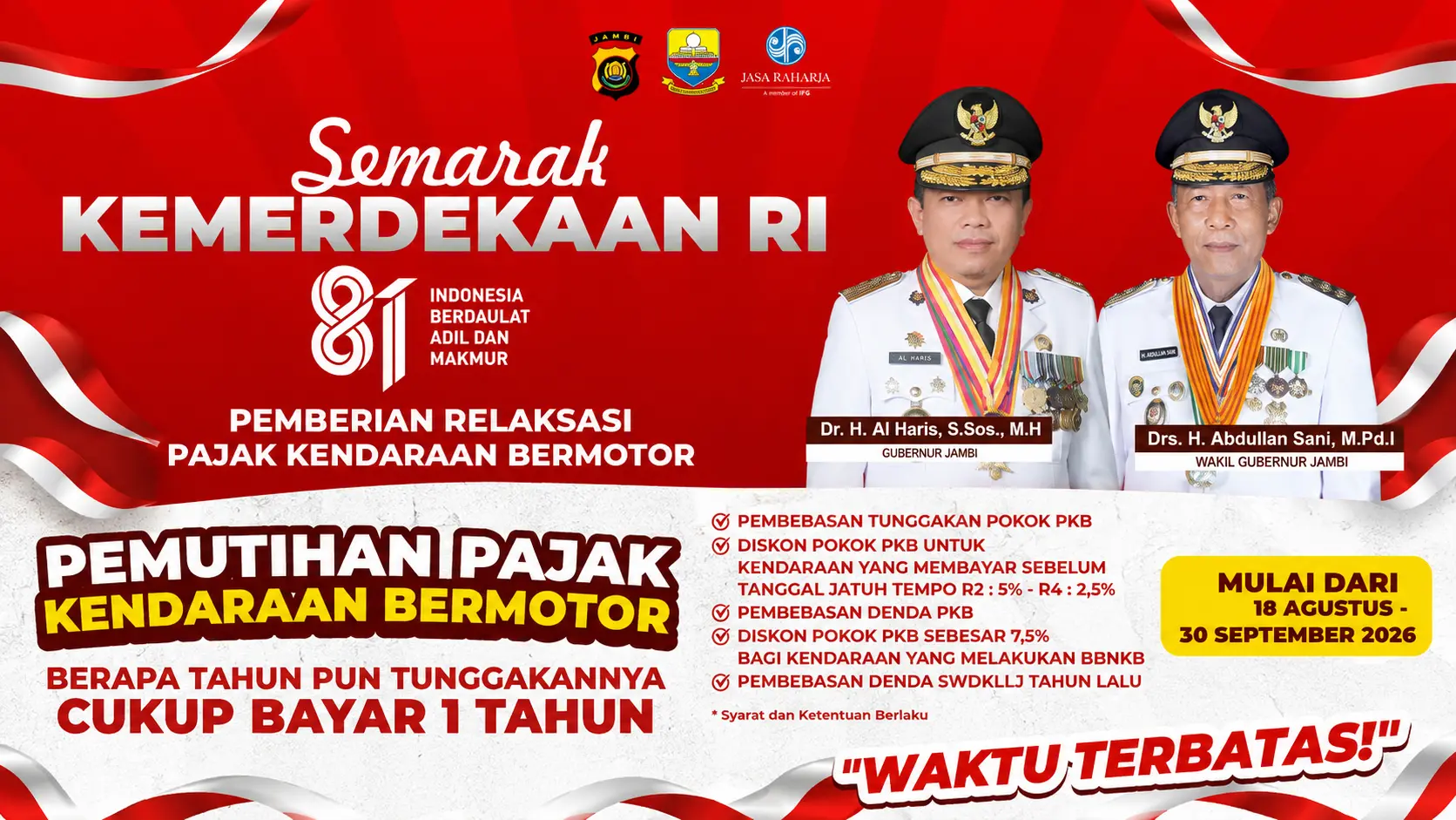 Pemutihan Pajak Kendaraan Jambi 2026 Resmi Berlaku, Tunggakan Pokok PKB Dihapus dan Denda Dibebaskan