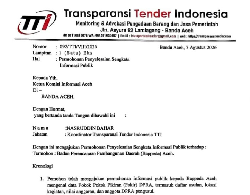 TTI Ajukan Sengketa ke Komisi Informasi Aceh, Minta Bappeda Buka Data Pokir DPRA untuk Publik