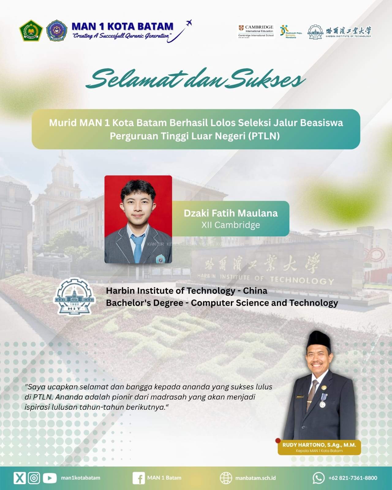 Siswa MAN 1 Kota Batam Dzaki Fatih Maulana Lolos Beasiswa S1 ke Harbin Institute of Technology China