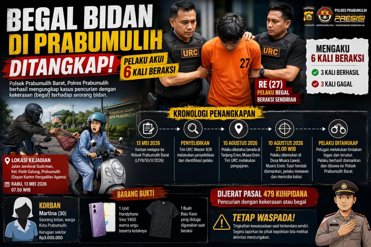 Polsek Prabumulih Barat Bekuk Begal Bidan di Jalan Sudirman, Pelaku RE Mengaku Sudah Beraksi Enam Kali