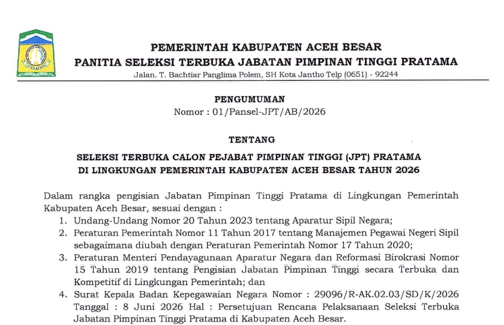 Pemkab Aceh Besar Buka Seleksi Terbuka 12 Jabatan Kepala OPD, Termasuk Dinas Kesehatan dan Pendidikan