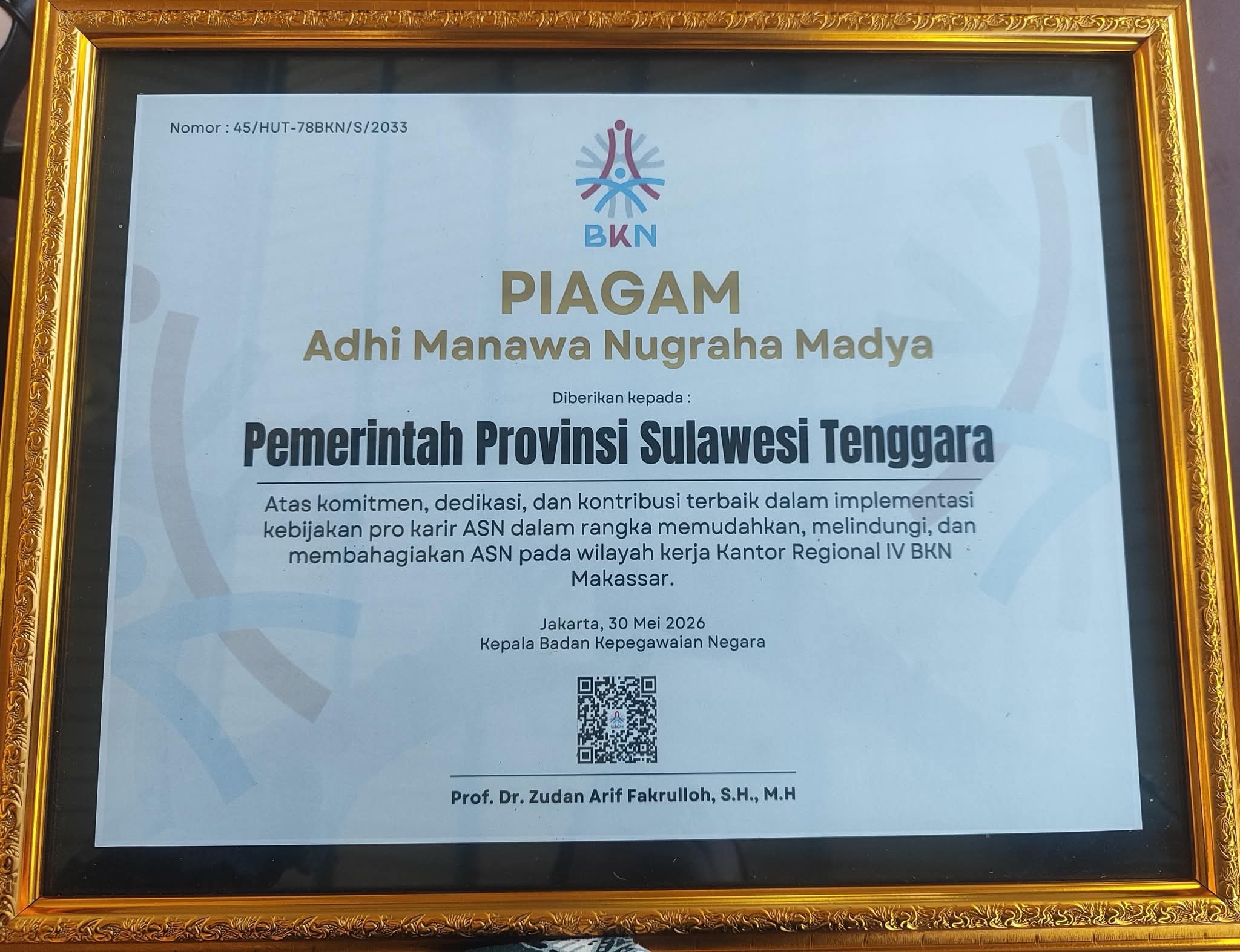 Pemprov Sultra Raih Penghargaan Manajemen ASN dari BKN, Kalahkan 3 Provinsi di Seleksi Regional Makassar