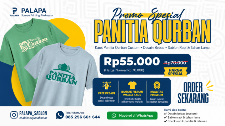 Palapa Sablon Makassar Buka Promo Kaos Panitia Qurban Custom Mulai Rp55 Ribu, Desain Gratis Jelang Iduladha