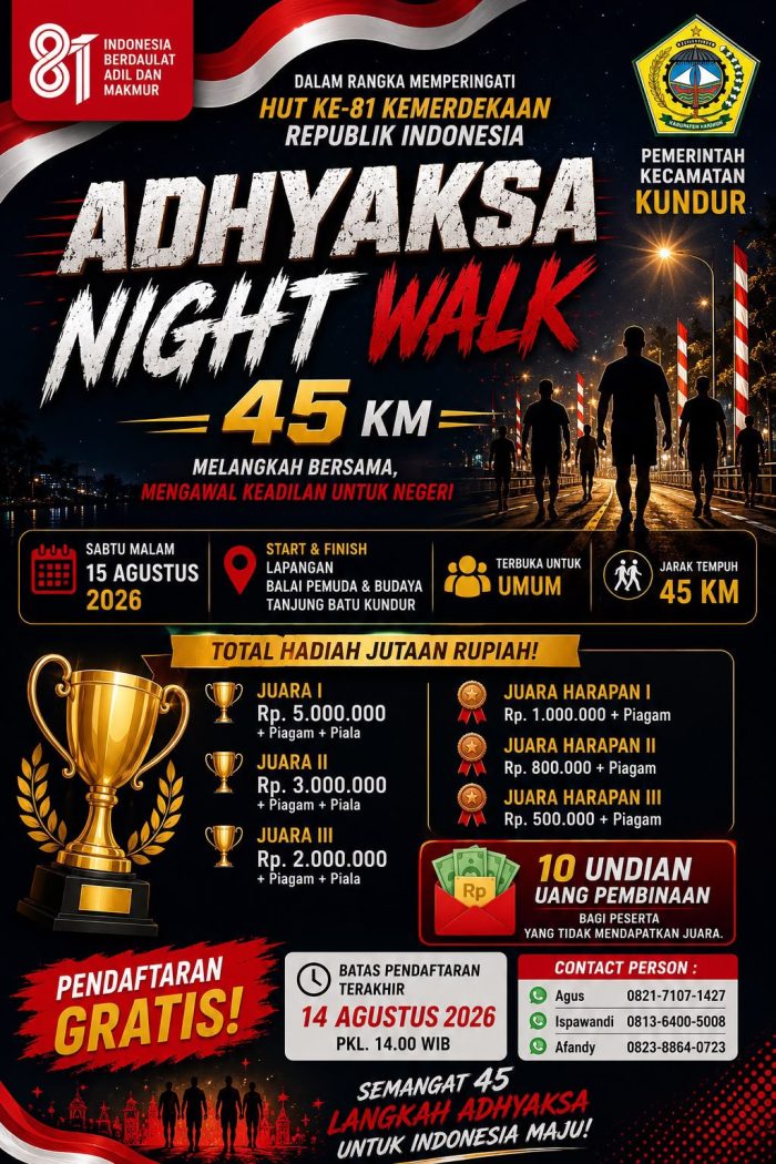 Adhyaksa Night Walk 45 Kilometer di Kundur Digelar Malam Ini, Gratis dan Hadiah Jutaan Rupiah