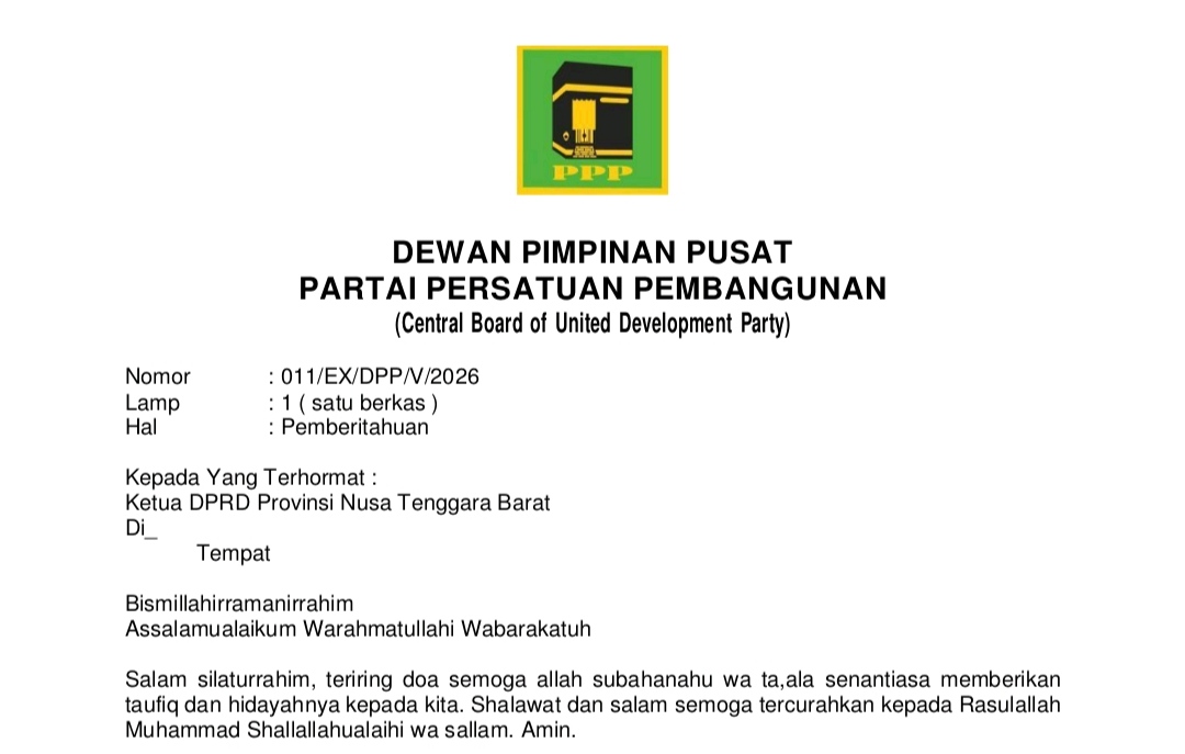 DPP PPP Batalkan Kepengurusan DPW NTB Periode 2026-2031, Surat ke DPRD Mataram Tegaskan 5 Keputusan Penting