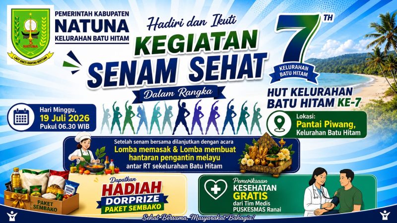 HUT ke-7 Kelurahan Batu Hitam di Natuna: Senam Sehat di Pantai Piwang, Lomba Hantaran Melayu, dan Cek Kesehatan Gratis