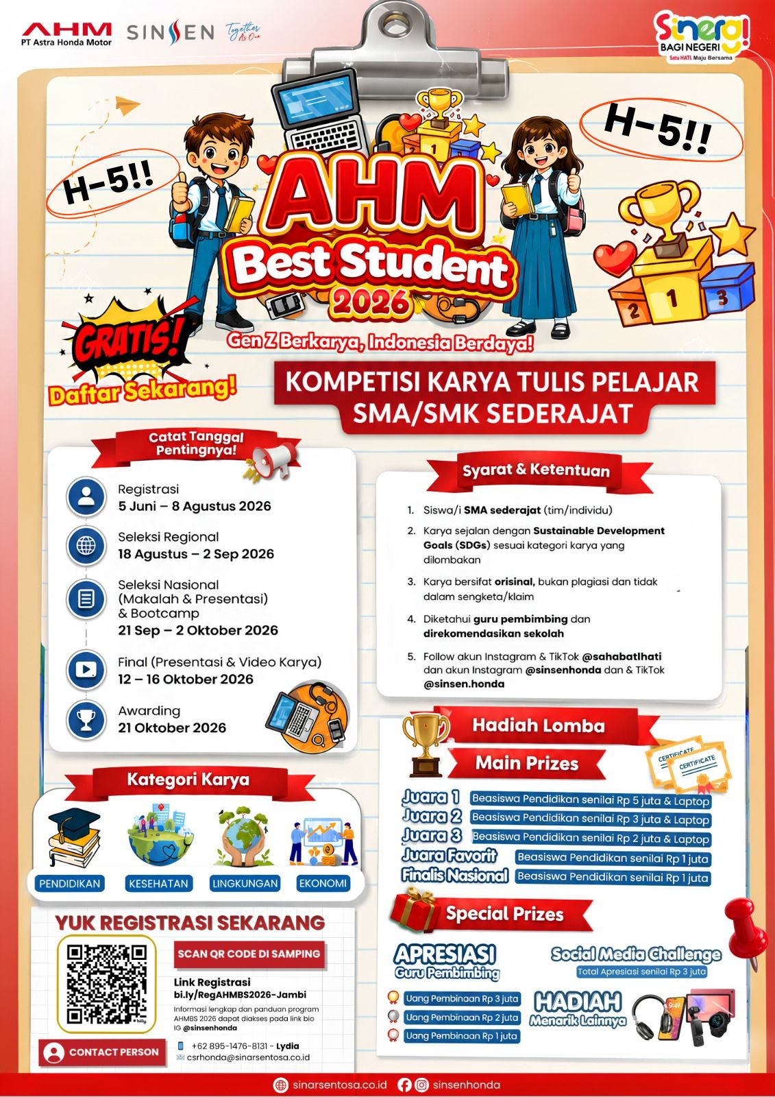 5 Hari Terakhir Pendaftaran AHM Best Student 2026, Pelajar SMA/SMK Jambi Diingatkan Segera Kirim Karya