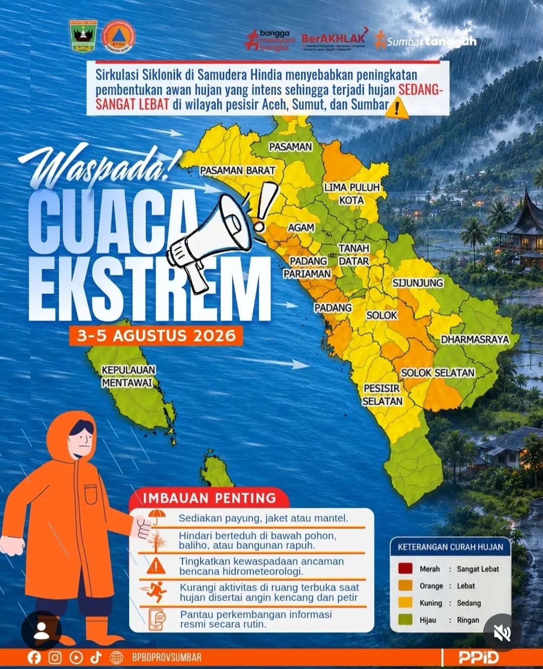 Sirkulasi Siklonik di Samudera Hindia Picu Hujan Lebat di Pesisir Sumatra, BPBD Imbau Warga Wasapada Banjir dan Longsor