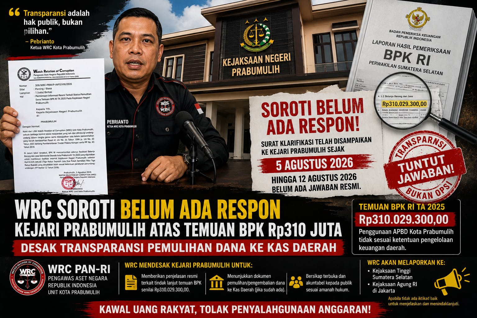 WRC Prabumulih Desak Kejari Respons Surat Klarifikasi Temuan BPK Rp310 Juta, Minta Kejelasan Pemulihan Dana