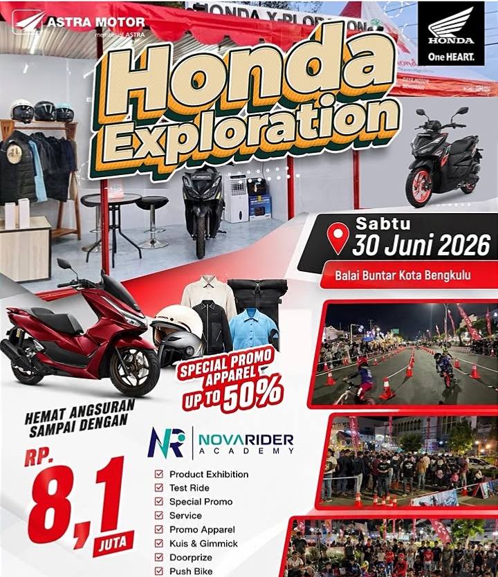 Honda Exploration Kembali ke Bengkulu, Test Ride Motor Terbaru dan Diskon Apparel 50 Persen Siap Meriahkan Akhir Pekan