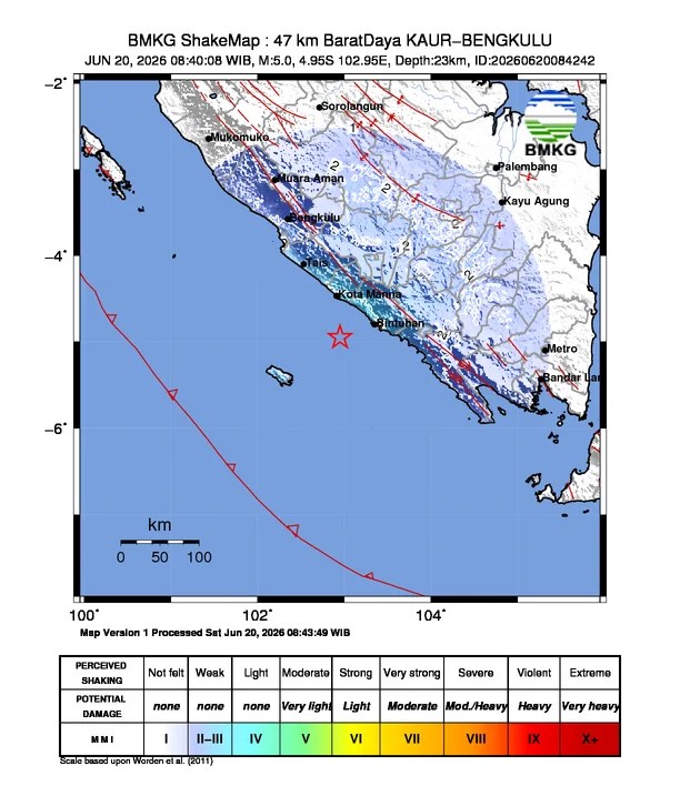 Gempa Magnitudo 5,0 Guncang 47 Km Barat Daya Kaur Bengkulu, Dipastikan Tak Berpotensi Tsunami