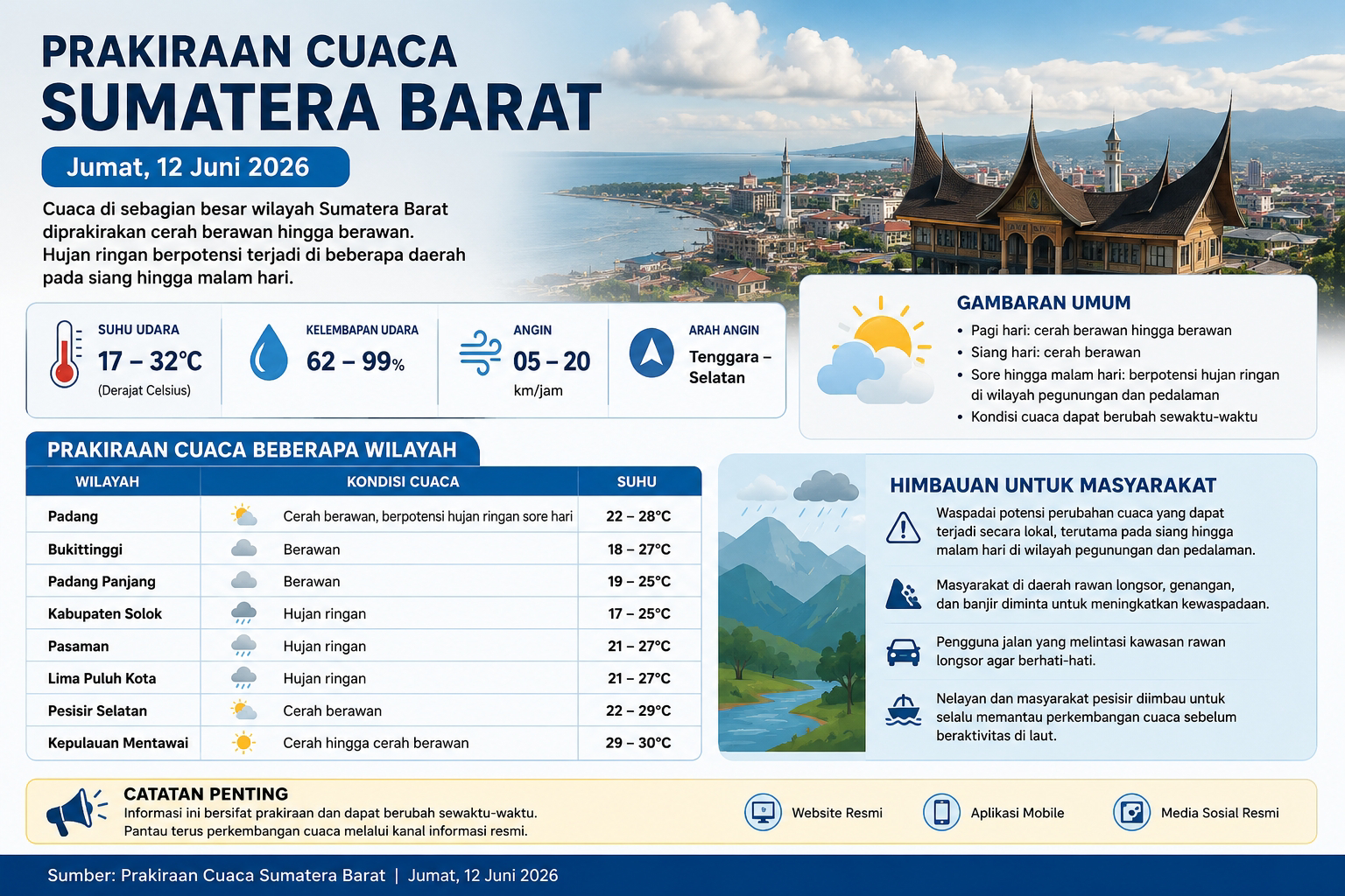 Cuaca Sumbar Hari Ini Cerah Berawan, BMKG Ingatkan Potensi Hujan Ringan di Solok, Pasaman, dan 50 Kota