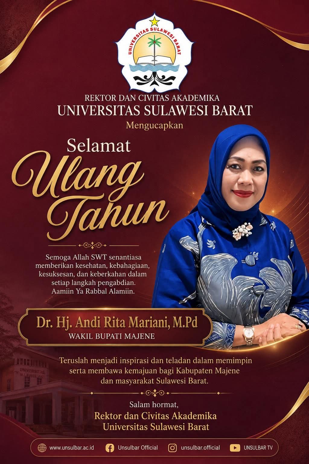Rektor dan Civitas Unsulbar Ucapkan Selamat Ulang Tahun untuk Wakil Bupati Majene Andri Rita Mariani, Apresiasi Dedikasi di Bidang Pendidikan