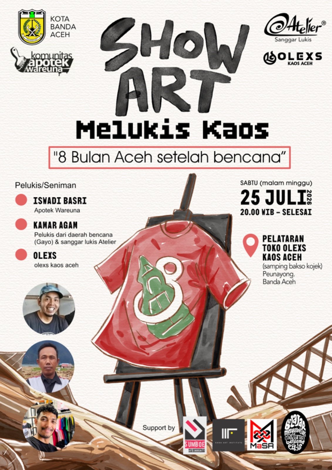 Tiga Perupa Aceh Gelar Live Painting di Atas Kaos di Peunayong, Suarakan Ketangguhan 8 Bulan Pasca Bencana