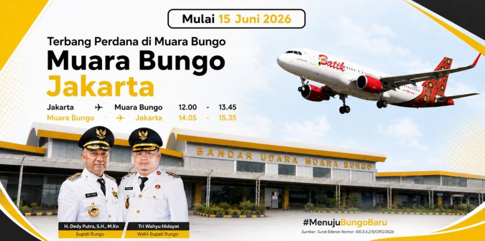Penerbangan Muara Bungo–Jakarta Kembali Beroperasi 15 Juni 2026, Dua Jadwal Tersedia Setiap Hari
